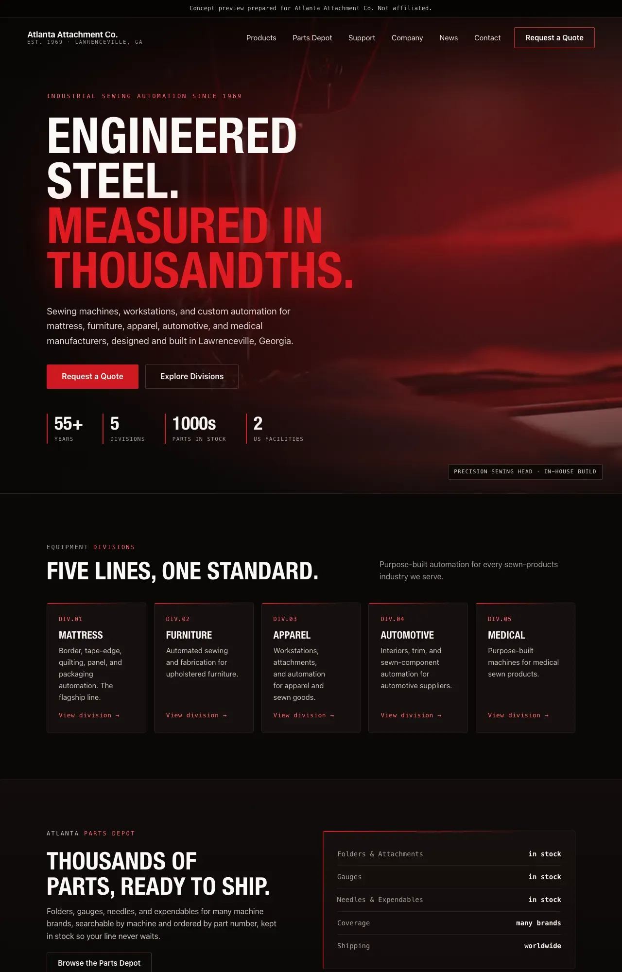 Cinematic direction home page: a warm near-black layout drenched in deep red, condensed uppercase headlines, a floating navigation, and red-neon-edged cards.
