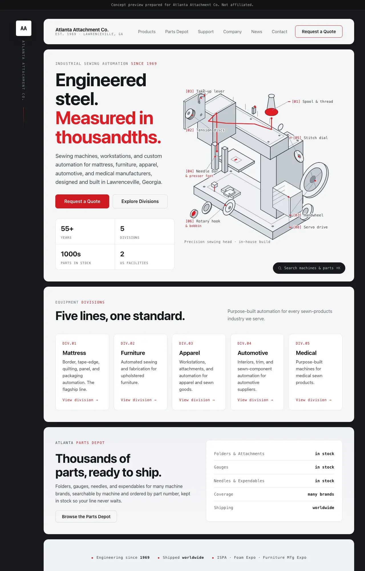 Drafting direction home page: bright, rounded content panels on a dark charcoal canvas, a vertical wordmark in a left gutter, and mono leader-line labels.