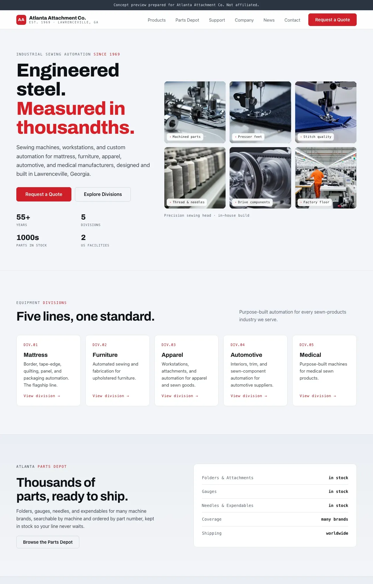 Grid direction home page: a clean, cool-neutral grotesque layout on a strict modular grid, a split hero of manufacturing tiles, and red accents on the labels.